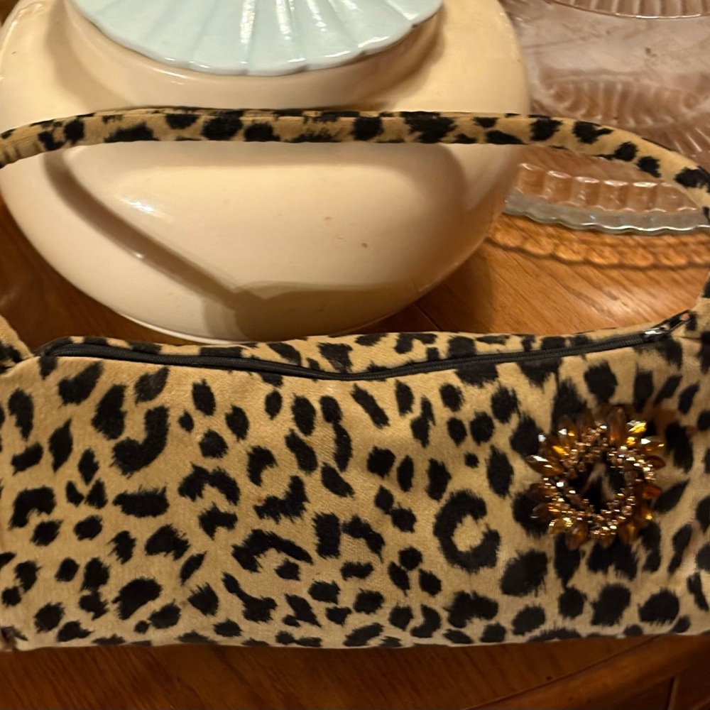 Black and Tan Leopard Print Shoulder Bag with Gold Embellishment